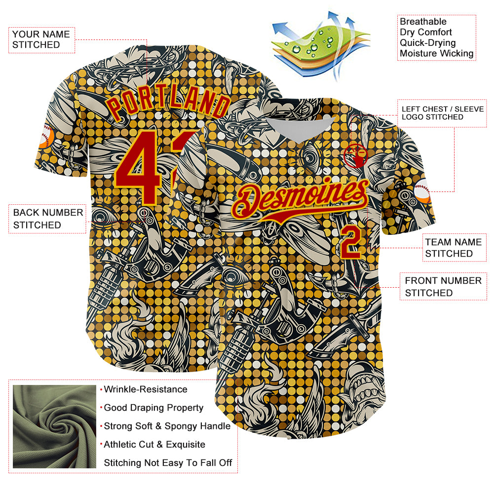 Custom Black Red-Yellow 3D Pattern Design Rave Party Tattoos Disco Authentic Baseball Jersey