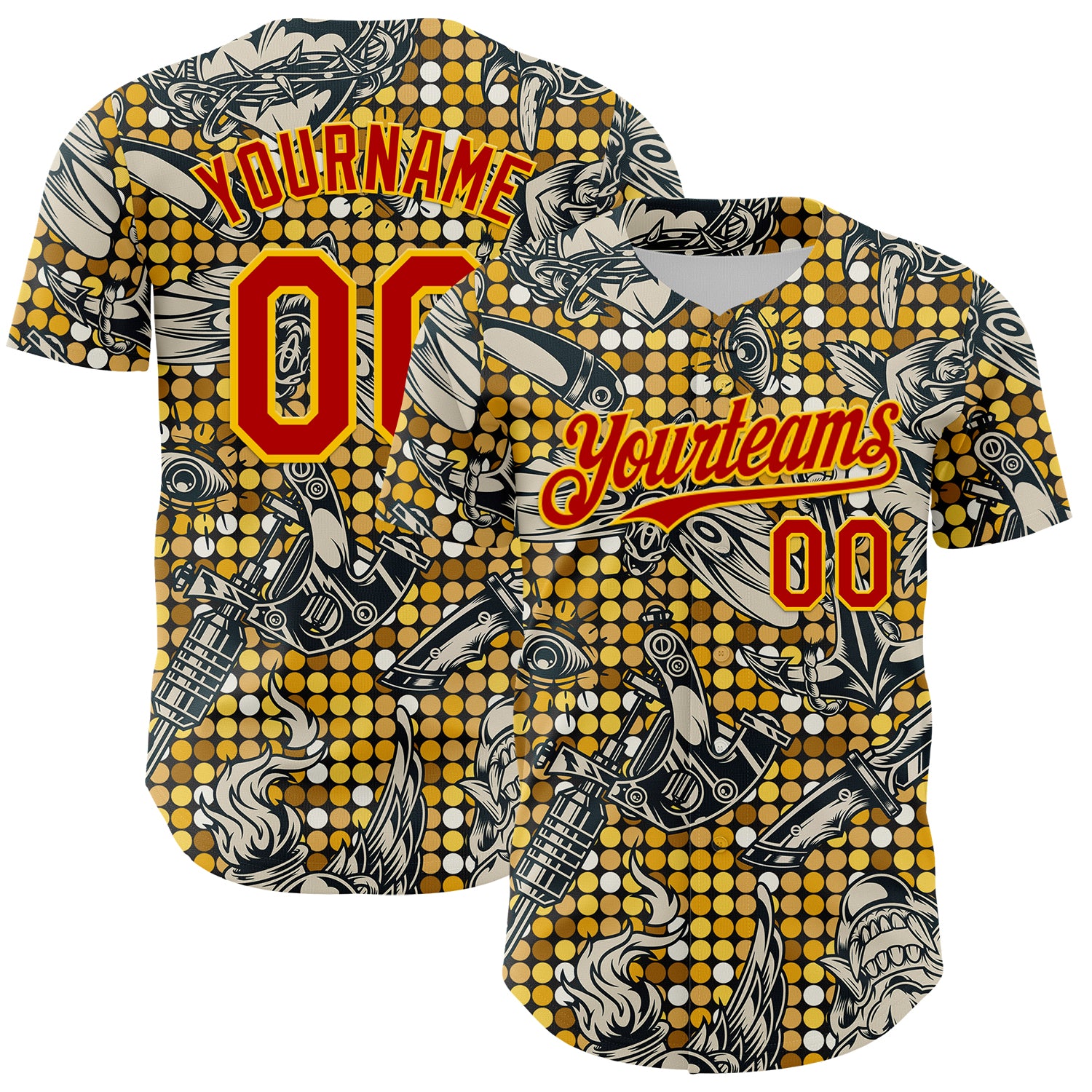 Custom Black Red-Yellow 3D Pattern Design Rave Party Tattoos Disco Authentic Baseball Jersey