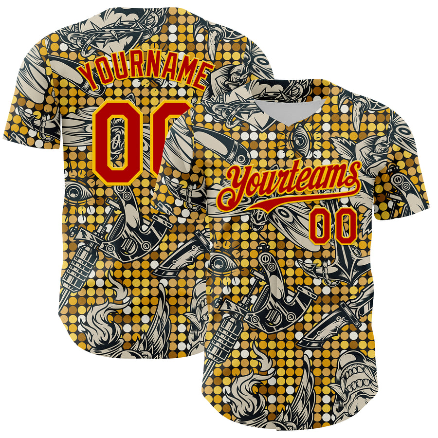Custom Black Red-Yellow 3D Pattern Design Rave Party Tattoos Disco Authentic Baseball Jersey