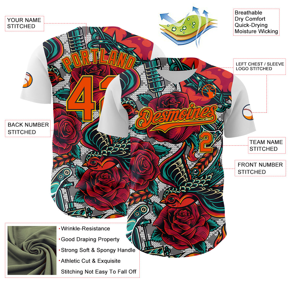 Custom White Orange Black-Yellow 3D Pattern Design Rave Party Roses Vintage Tattoos Authentic Baseball Jersey