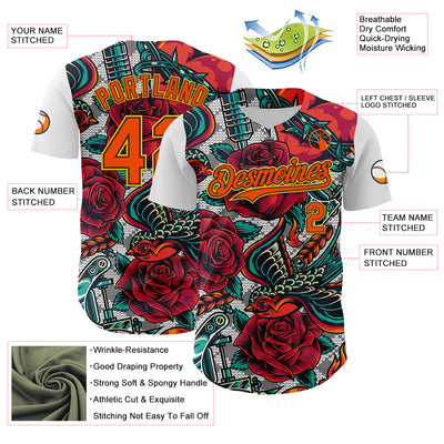 Custom White Orange Black-Yellow 3D Pattern Design Rave Party Roses Vintage Tattoos Authentic Baseball Jersey