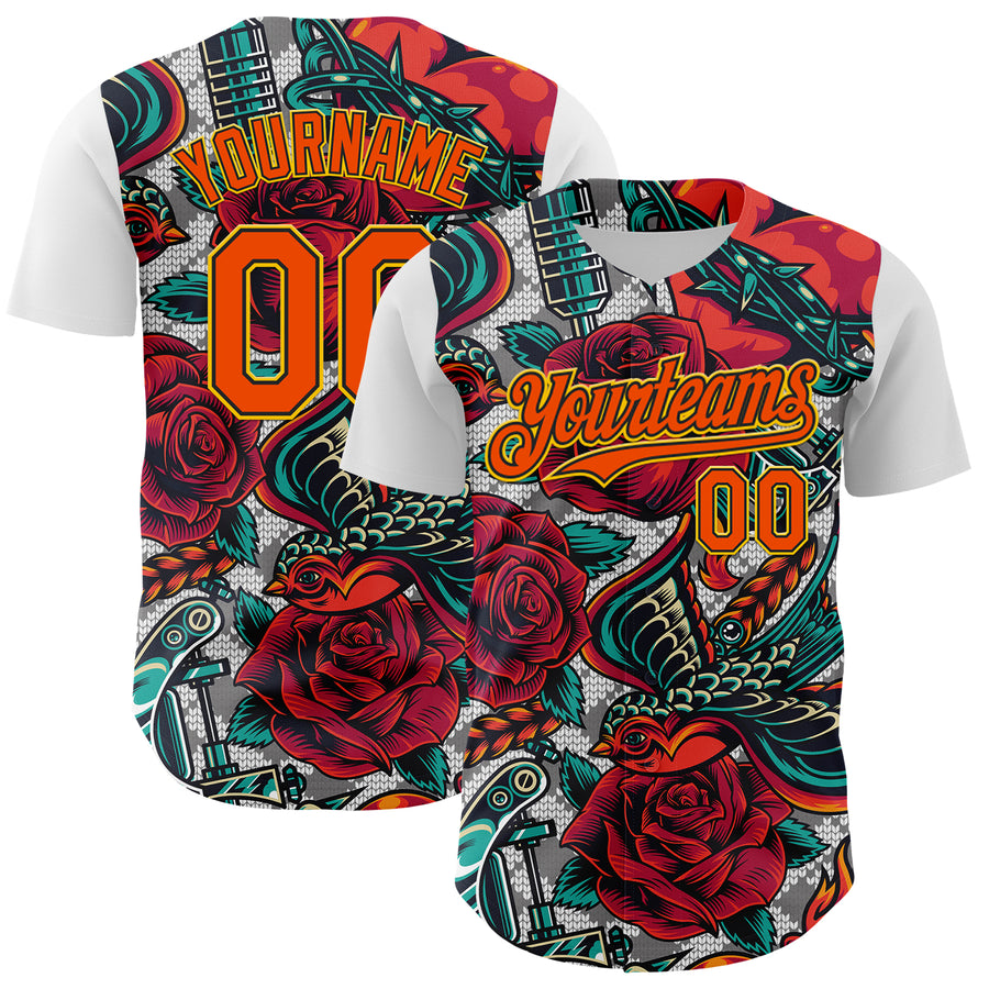 Custom White Orange Black-Yellow 3D Pattern Design Rave Party Roses Vintage Tattoos Authentic Baseball Jersey