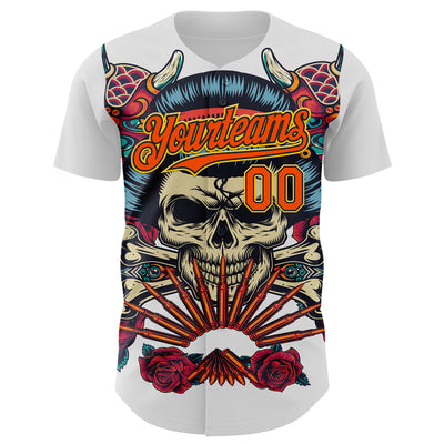 Custom White Orange Black-Yellow 3D Pattern Design Rave Party Vintage Geisha Skull Authentic Baseball Jersey