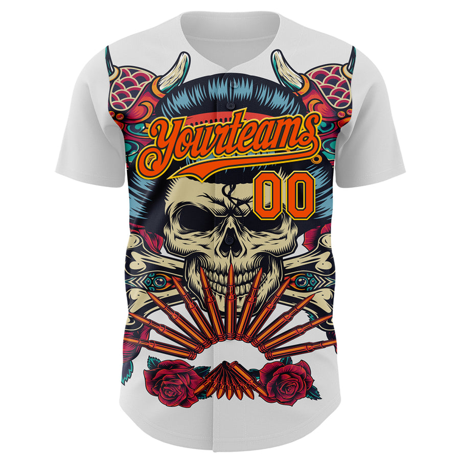 Custom White Orange Black-Yellow 3D Pattern Design Rave Party Vintage Geisha Skull Authentic Baseball Jersey