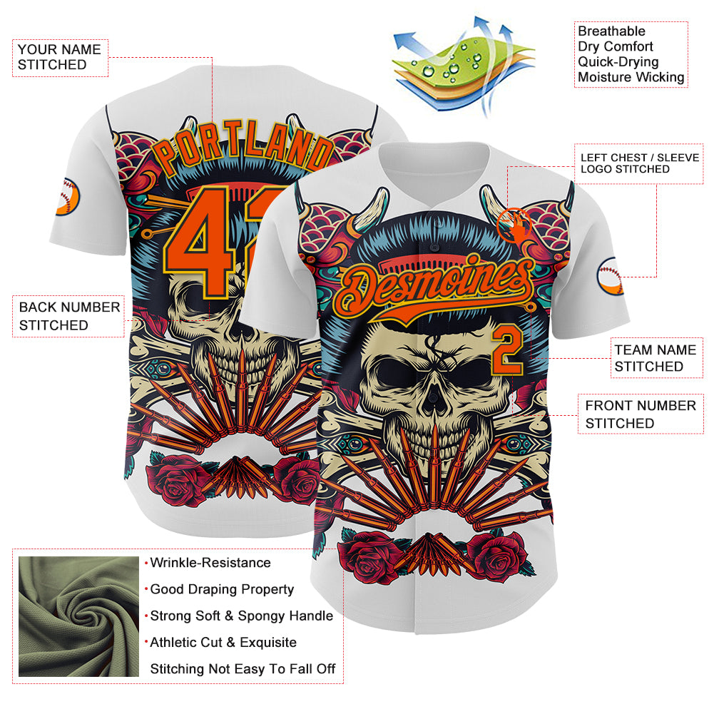 Custom White Orange Black-Yellow 3D Pattern Design Rave Party Vintage Geisha Skull Authentic Baseball Jersey