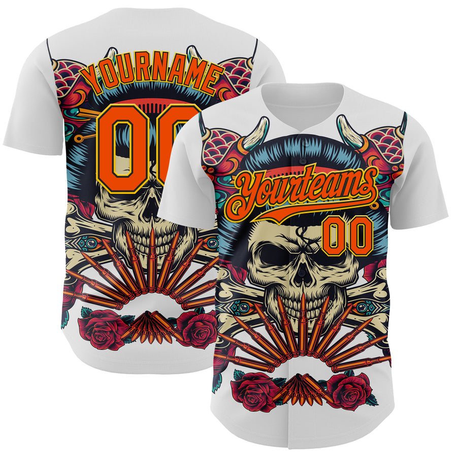 Custom White Orange Black-Yellow 3D Pattern Design Rave Party Vintage Geisha Skull Authentic Baseball Jersey