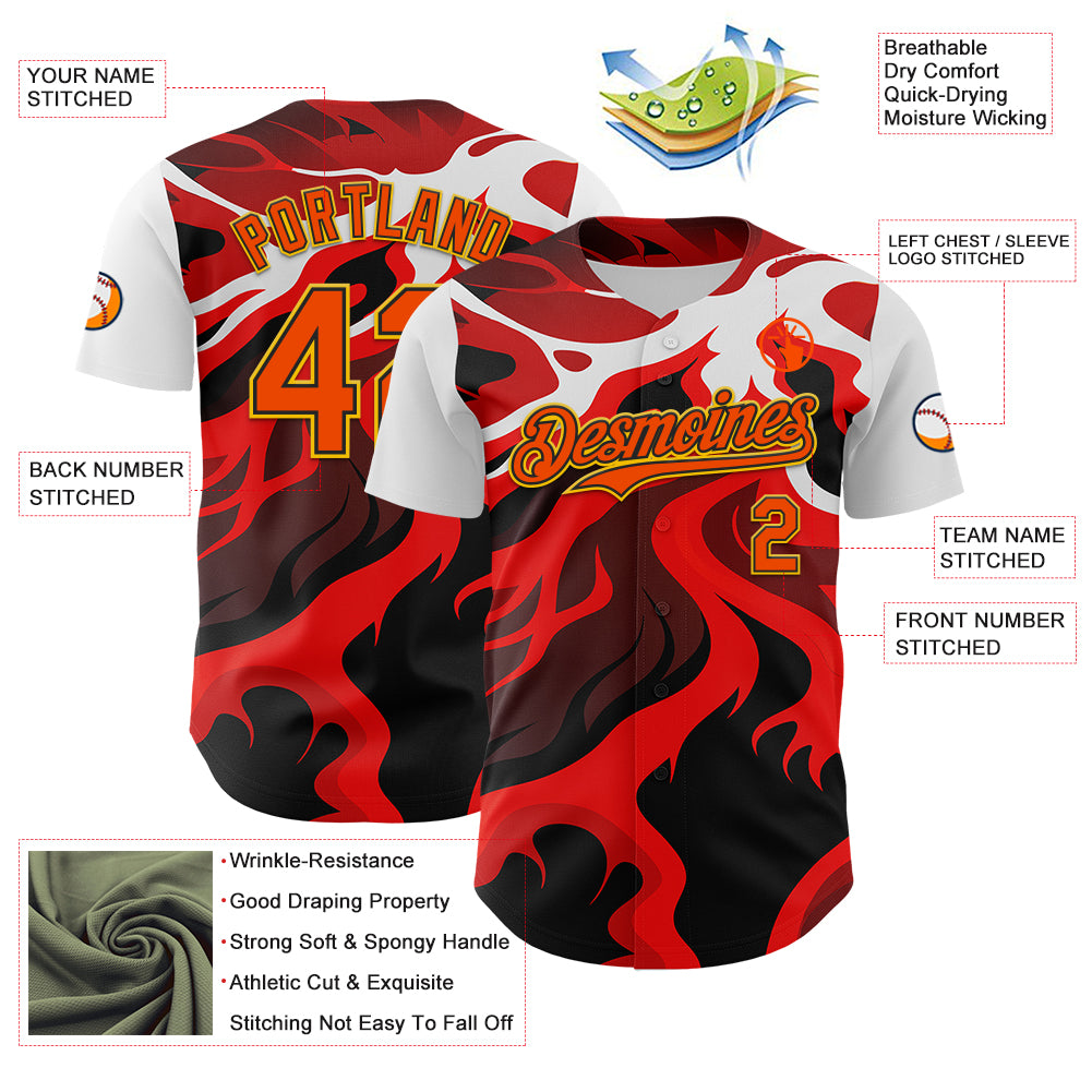 Custom White Orange Black-Yellow 3D Pattern Design Rave Party Flame Lava Authentic Baseball Jersey