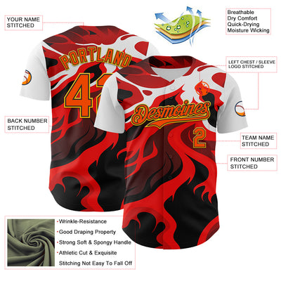 Custom White Orange Black-Yellow 3D Pattern Design Rave Party Flame Lava Authentic Baseball Jersey