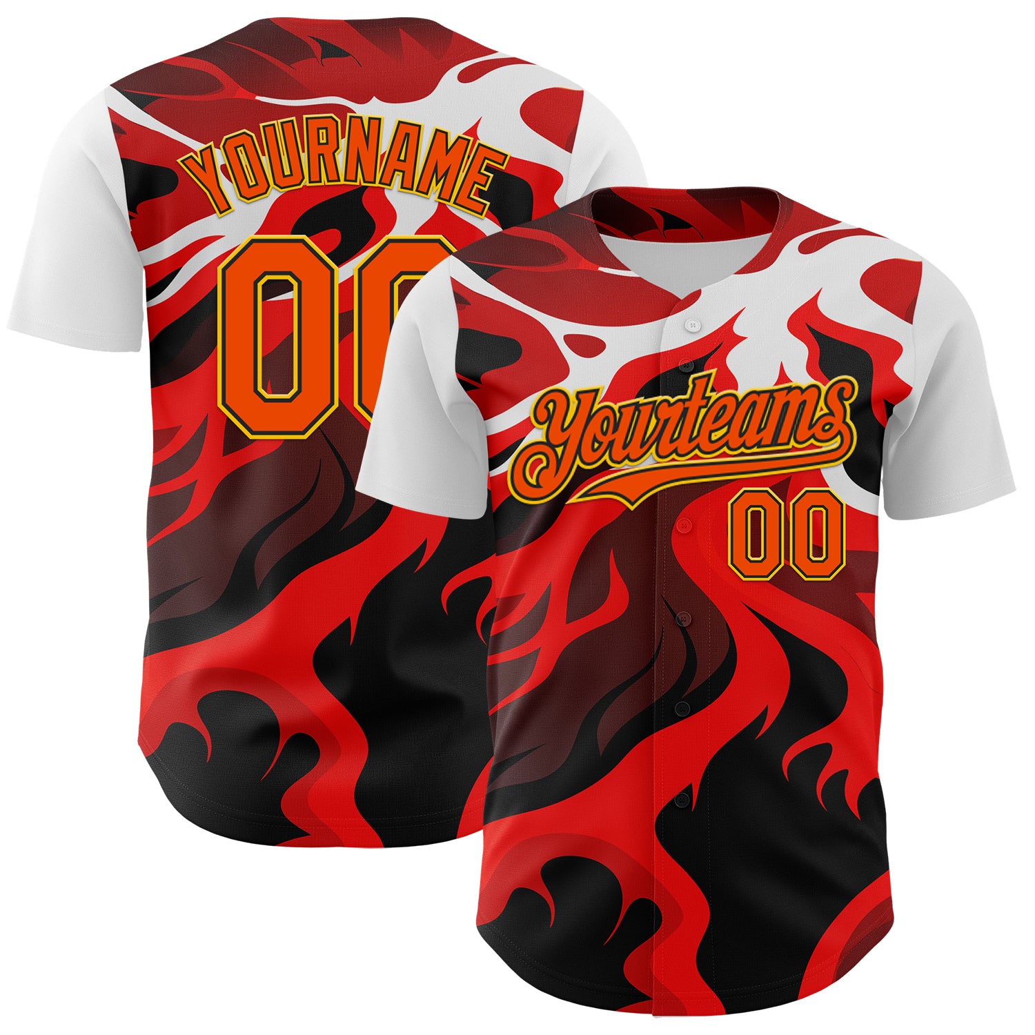 Custom White Orange Black-Yellow 3D Pattern Design Rave Party Flame Lava Authentic Baseball Jersey