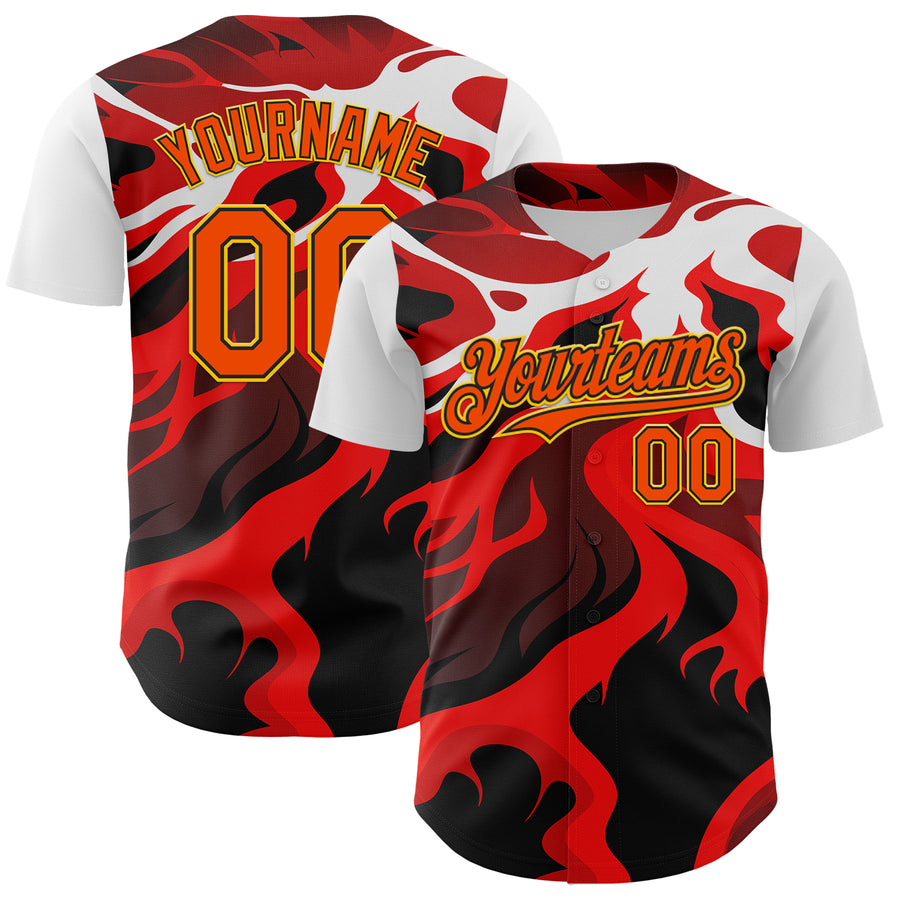 Custom White Orange Black-Yellow 3D Pattern Design Rave Party Flame Lava Authentic Baseball Jersey