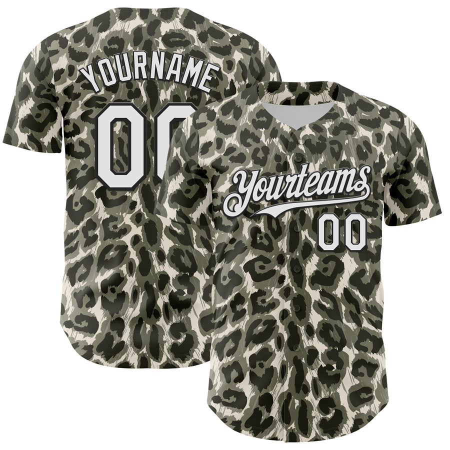 Custom Cream White-Black 3D Pattern Design Rave Party Animal Leopard Print Authentic Baseball Jersey