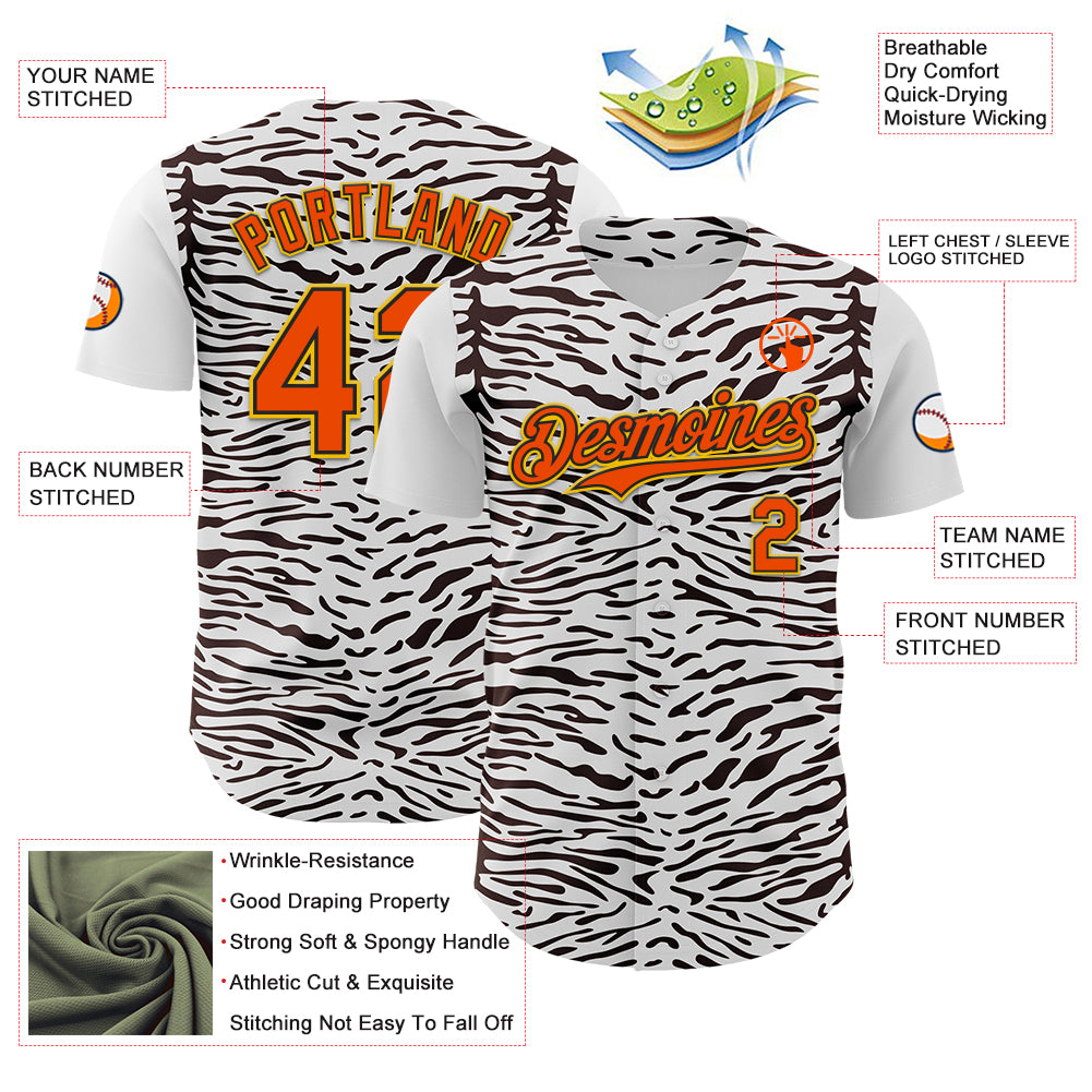 Custom White Orange Black-Yellow 3D Pattern Design Rave Party Animal Zebra Print Authentic Baseball Jersey