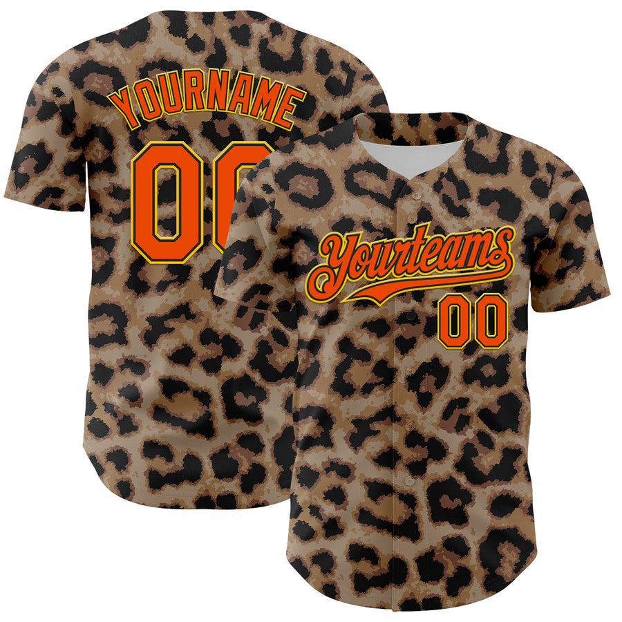 Custom Brown Orange Black-Yellow 3D Pattern Design Rave Party Animal Leopard Print Authentic Baseball Jersey