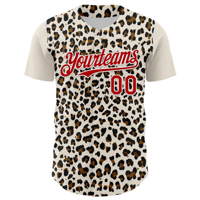 Custom Cream Red-White 3D Pattern Design Rave Party Animal Leopard Print Authentic Baseball Jersey