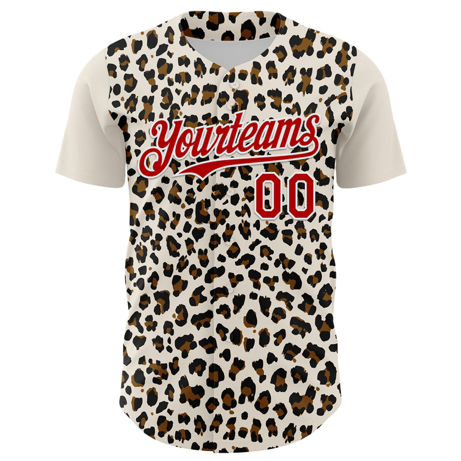 Custom Cream Red-White 3D Pattern Design Rave Party Animal Leopard Print Authentic Baseball Jersey