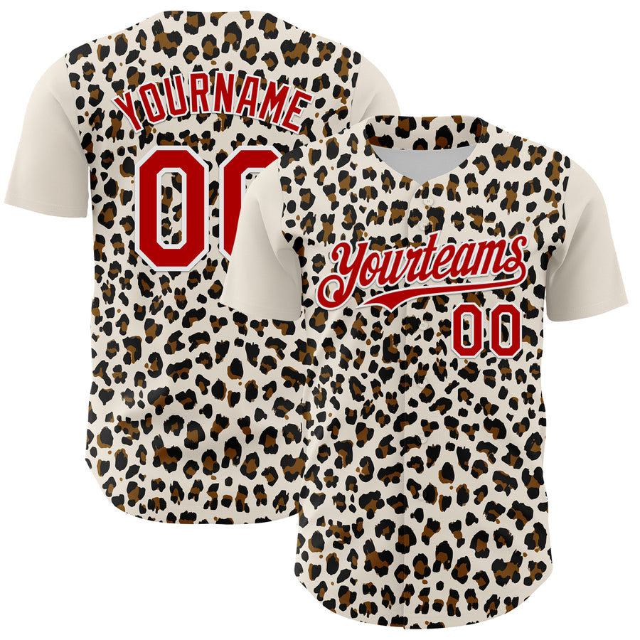 Custom Cream Red-White 3D Pattern Design Rave Party Animal Leopard Print Authentic Baseball Jersey