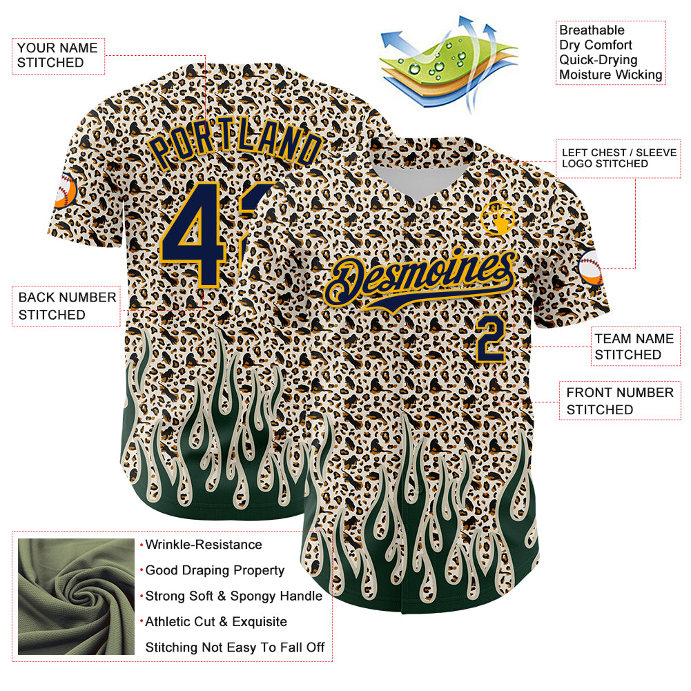 Custom Cream Navy-Gold 3D Pattern Design Rave Party Animal Leopard Print Authentic Baseball Jersey
