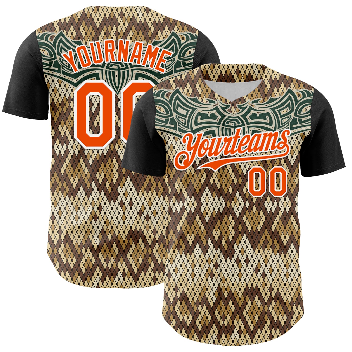 Custom Black Orange-White 3D Pattern Design Rave Party Animal Snake Python Print Authentic Baseball Jersey