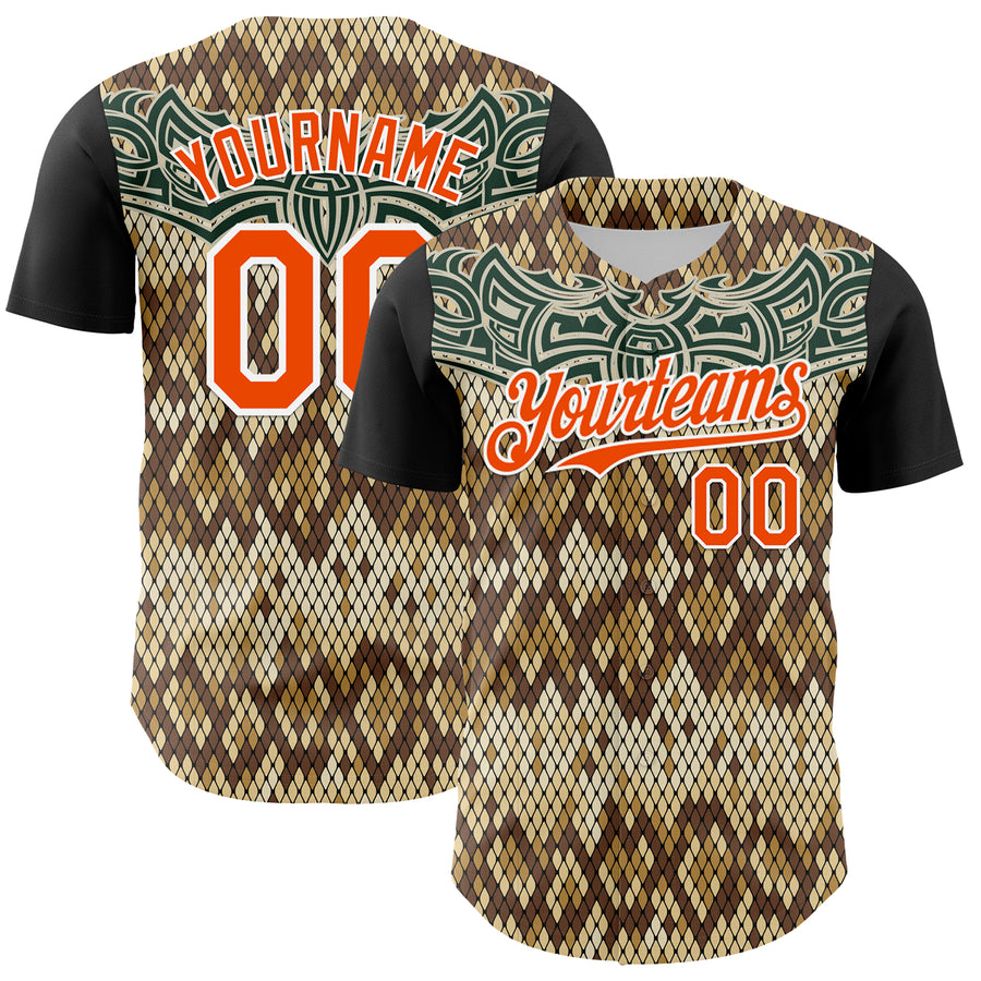 Custom Black Orange-White 3D Pattern Design Rave Party Animal Snake Python Print Authentic Baseball Jersey