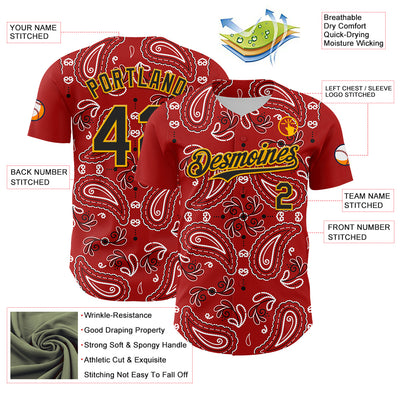 Custom Red Black-Gold 3D Pattern Design Rave Party Paisley Bandana Authentic Baseball Jersey