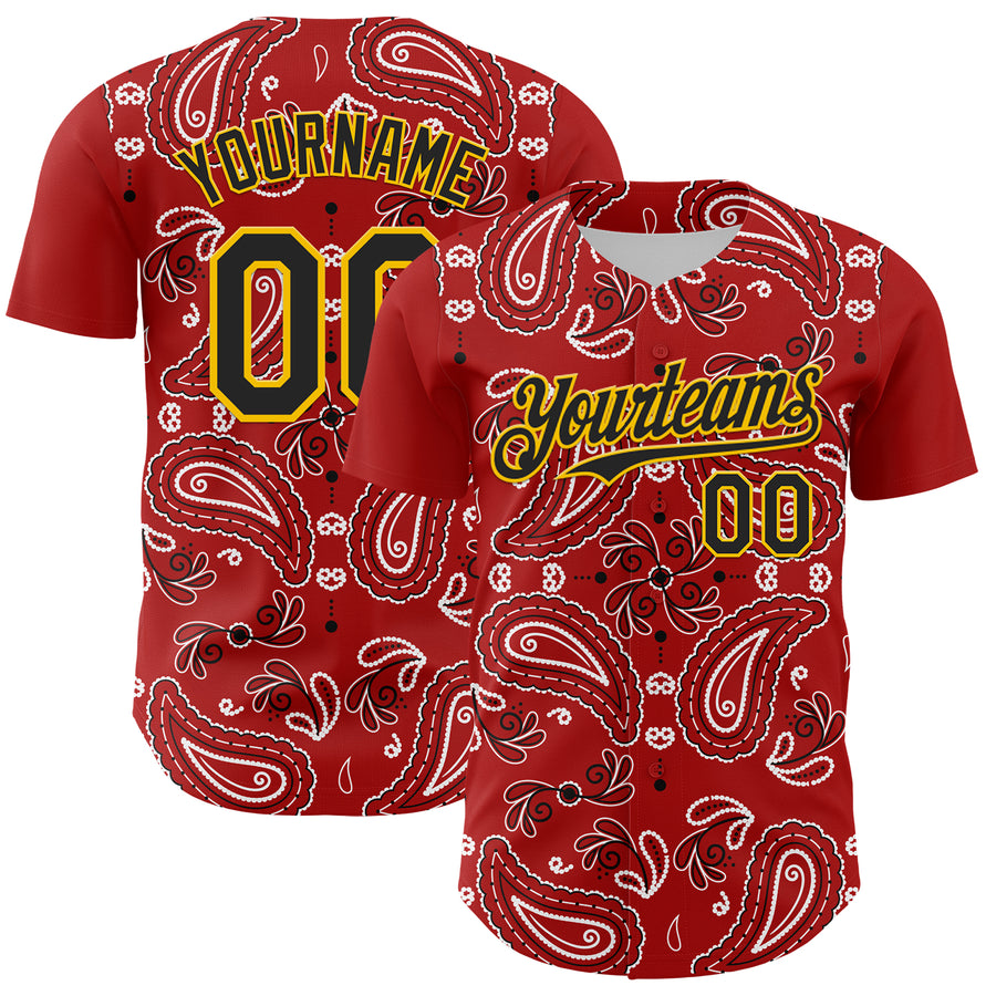 Custom Red Black-Gold 3D Pattern Design Rave Party Paisley Bandana Authentic Baseball Jersey