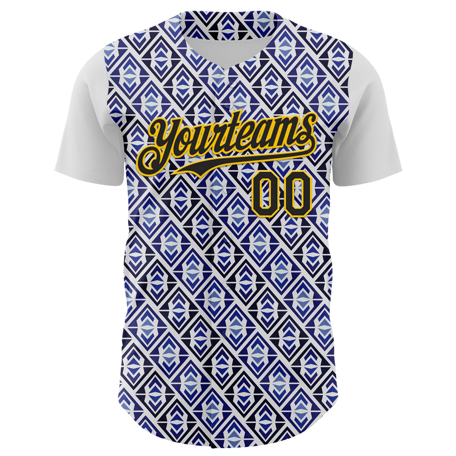 Custom White Black Royal-Gold 3D Pattern Design Rave Party Monogram Geometric Shape Authentic Baseball Jersey