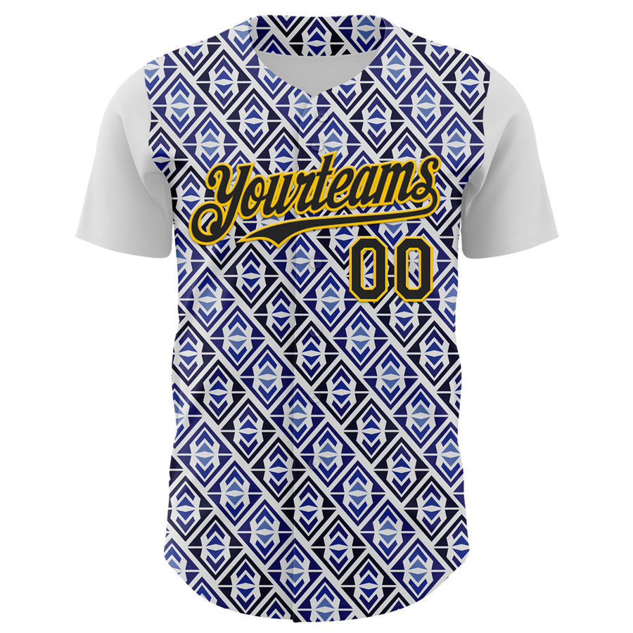 Custom White Black Royal-Gold 3D Pattern Design Rave Party Monogram Geometric Shape Authentic Baseball Jersey