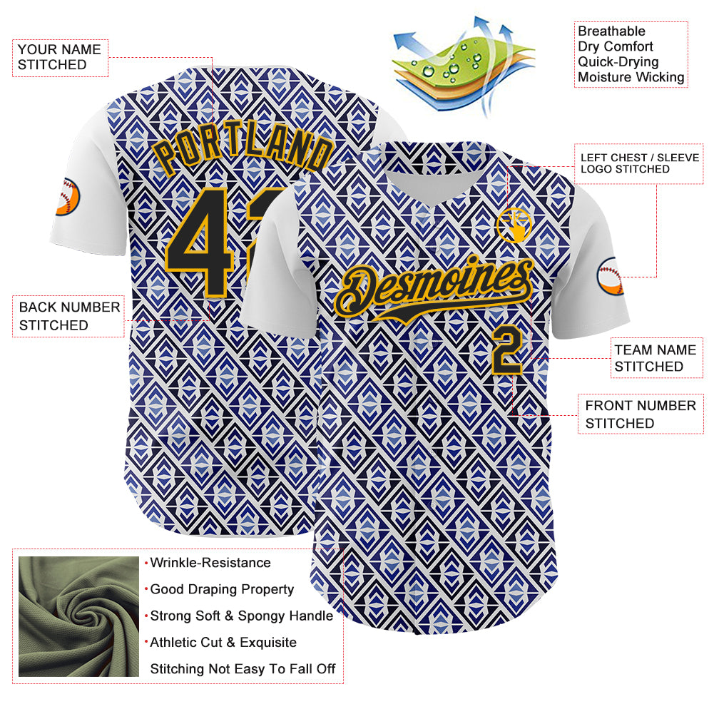 Custom White Black Royal-Gold 3D Pattern Design Rave Party Monogram Geometric Shape Authentic Baseball Jersey
