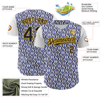Custom White Black Royal-Gold 3D Pattern Design Rave Party Monogram Geometric Shape Authentic Baseball Jersey