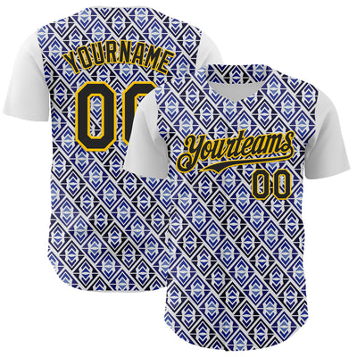 Custom White Black Royal-Gold 3D Pattern Design Rave Party Monogram Geometric Shape Authentic Baseball Jersey