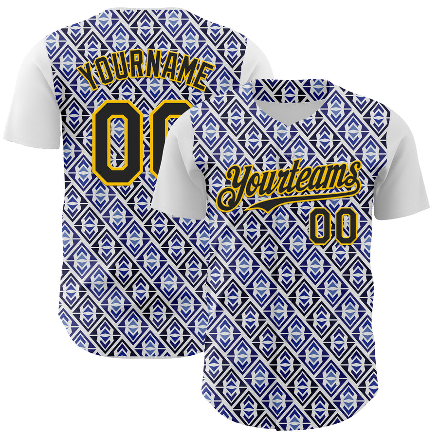 Custom White Black Royal-Gold 3D Pattern Design Rave Party Monogram Geometric Shape Authentic Baseball Jersey