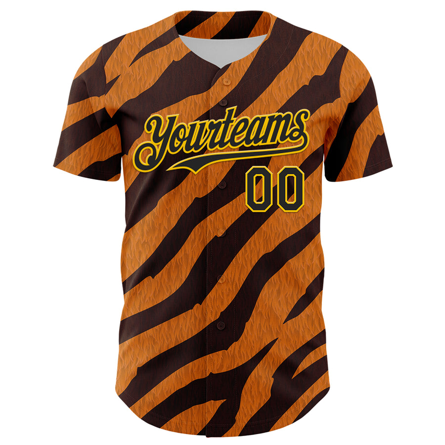 Custom Orange Black-Gold 3D Pattern Design Rave Party Tiger Print Authentic Baseball Jersey