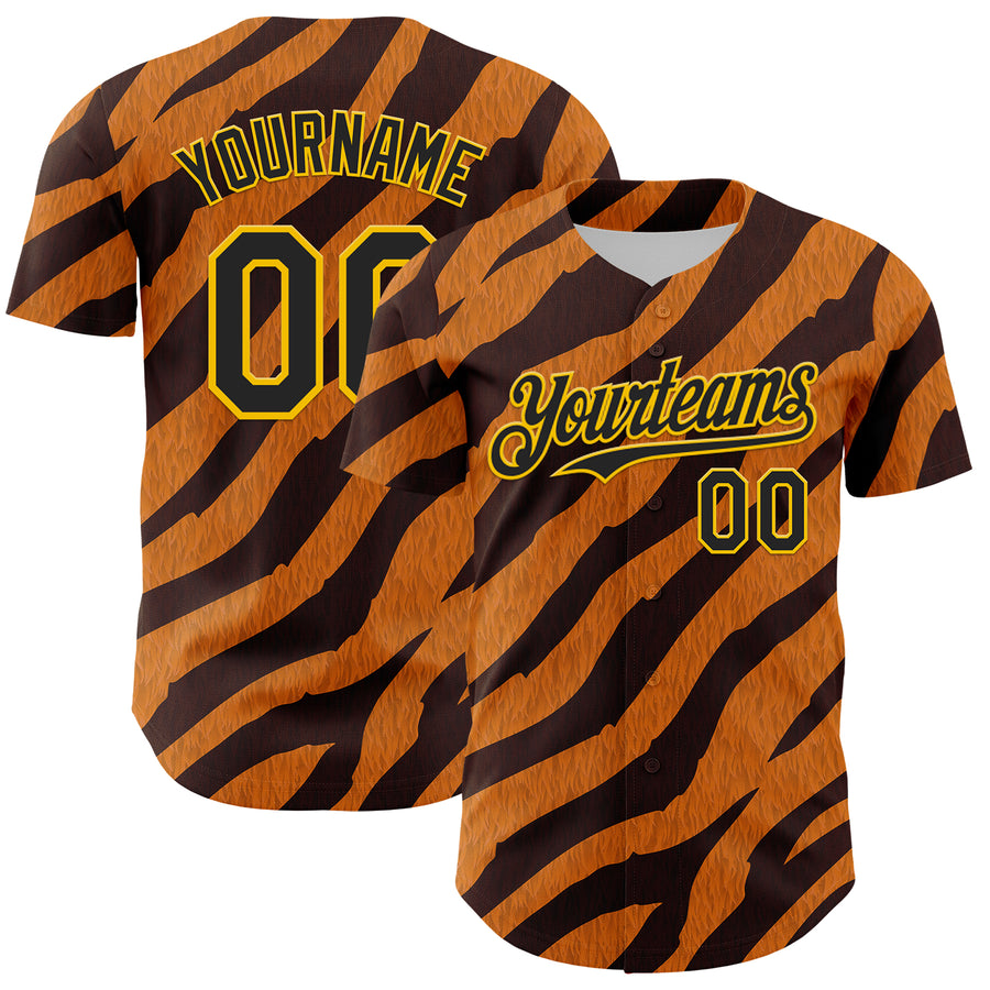 Custom Orange Black-Gold 3D Pattern Design Rave Party Tiger Print Authentic Baseball Jersey