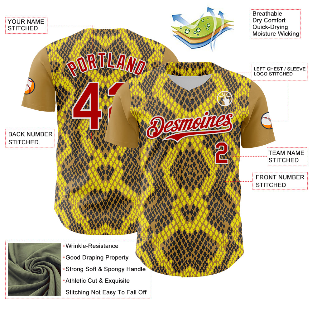 Custom Yellow Red Black-White 3D Pattern Design Rave Party Animal Snake Python Print Authentic Baseball Jersey
