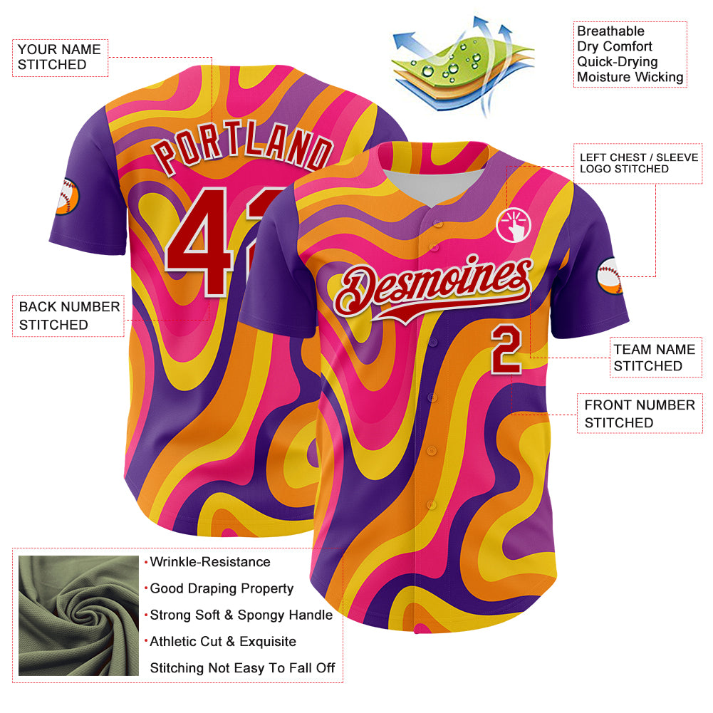 Custom Purple Red-White 3D Pattern Design Rave Party Marble Lava Authentic Baseball Jersey