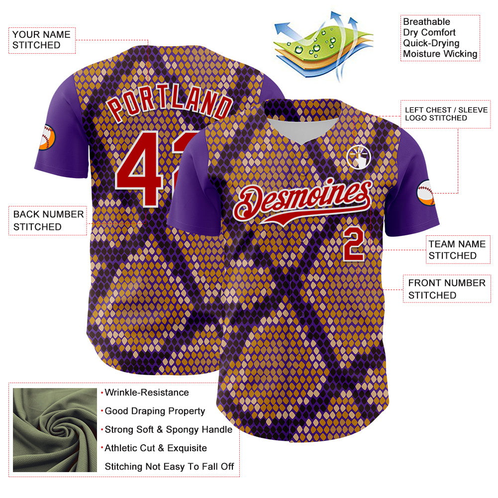 Custom Purple Red-White 3D Pattern Design Rave Party Animal Snake Python Print Authentic Baseball Jersey