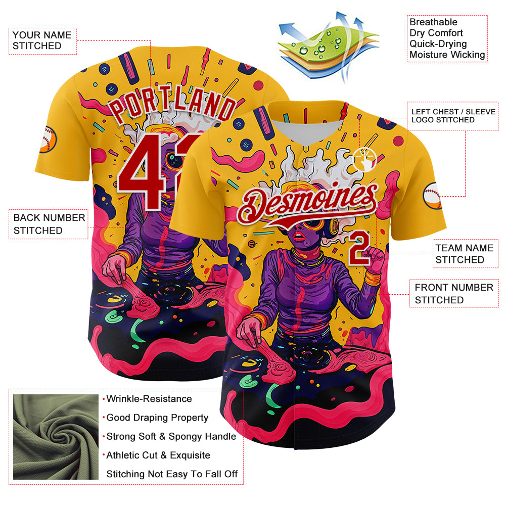 Custom Gold Red-White 3D Pattern Design Rave Party Trippy Disco Authentic Baseball Jersey