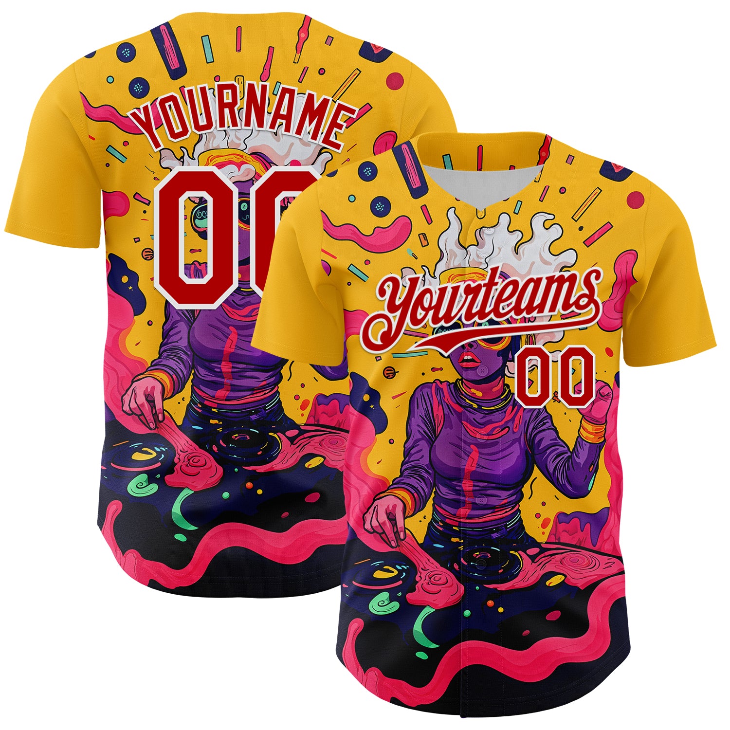 Custom Gold Red-White 3D Pattern Design Rave Party Trippy Disco Authentic Baseball Jersey