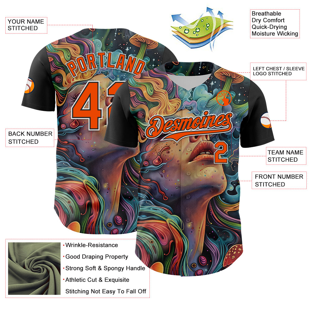 Custom Green Orange Black-White 3D Pattern Design Rave Party Trippy Magic Mushroom Authentic Baseball Jersey