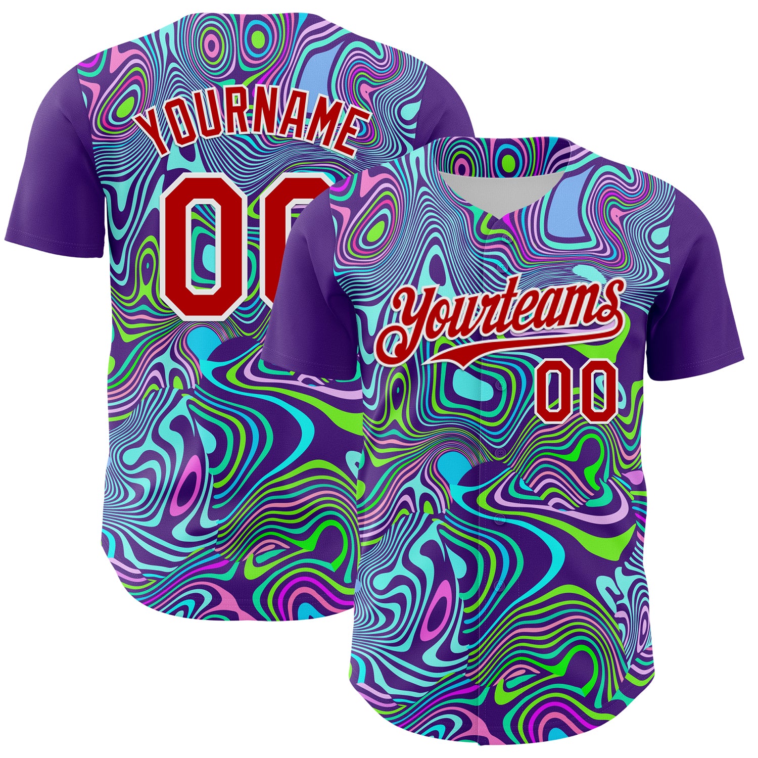 Custom Purple Red-White 3D Pattern Design Rave Party Trippy Laser Fluid Authentic Baseball Jersey