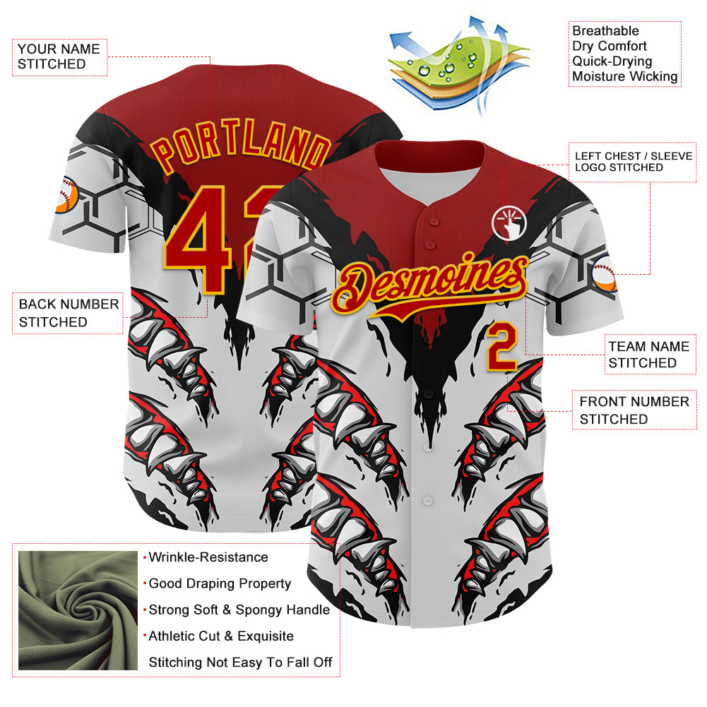 Custom White Red-Yellow 3D Pattern Design Burner Costumes Shark Teeth Authentic Baseball Jersey