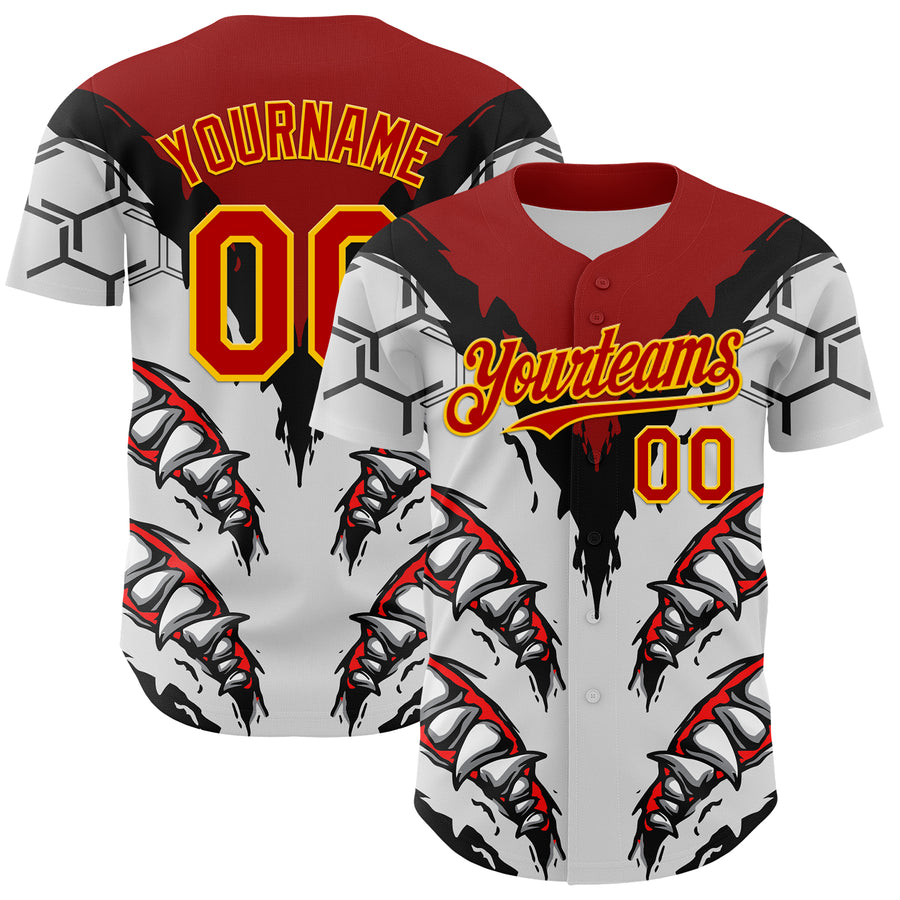 Custom White Red-Yellow 3D Pattern Design Burner Costumes Shark Teeth Authentic Baseball Jersey