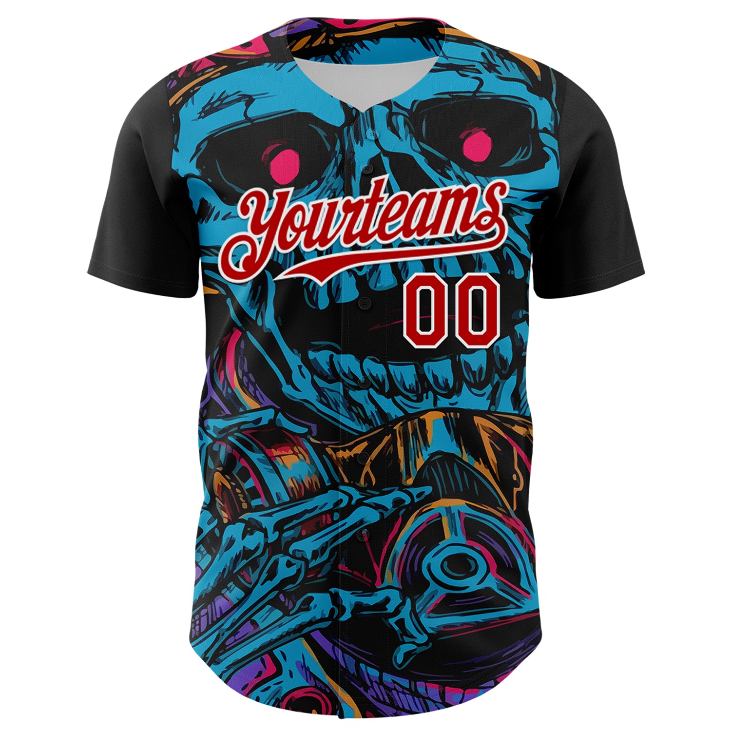 Custom Black Red-White 3D Pattern Design Burner Costumes Horror Skull Authentic Baseball Jersey