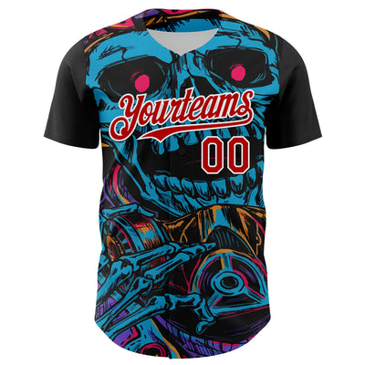 Custom Black Red-White 3D Pattern Design Burner Costumes Horror Skull Authentic Baseball Jersey