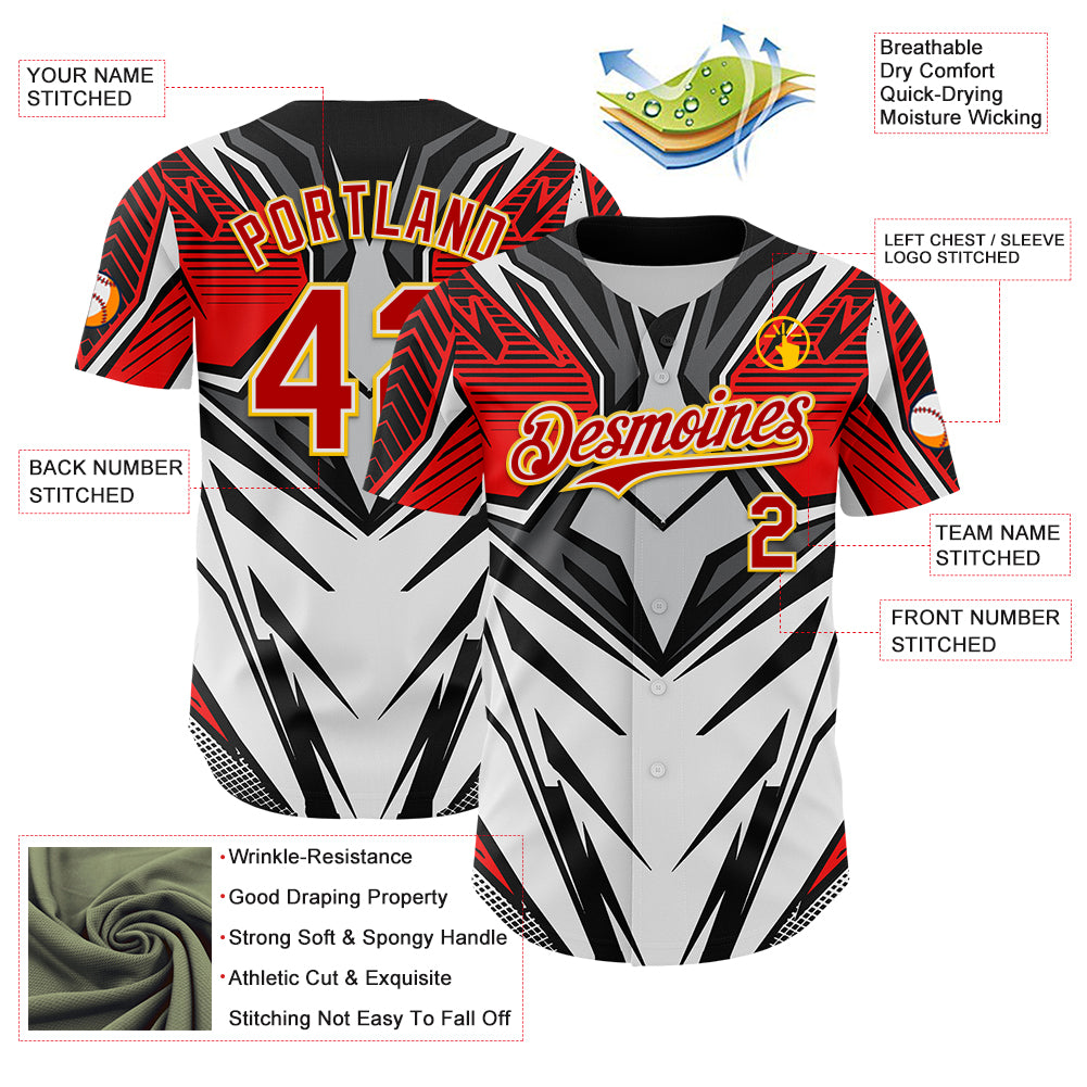 Custom White Red Black-Yellow 3D Pattern Design Burner Costumes Cyber Punk Authentic Baseball Jersey