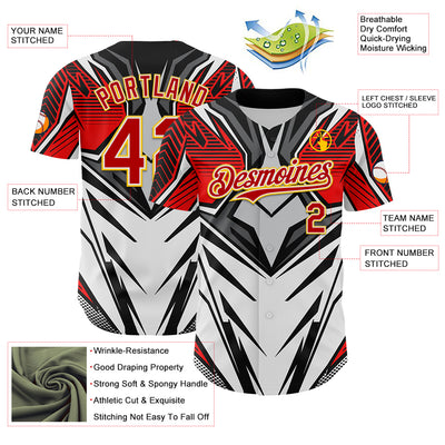 Custom White Red Black-Yellow 3D Pattern Design Burner Costumes Cyber Punk Authentic Baseball Jersey