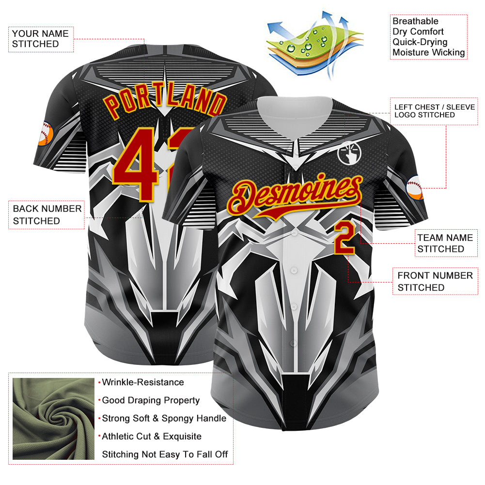Custom Black Red-Yellow 3D Pattern Design Burner Costumes Mecha Authentic Baseball Jersey