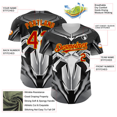 Custom Black Red-Yellow 3D Pattern Design Burner Costumes Mecha Authentic Baseball Jersey