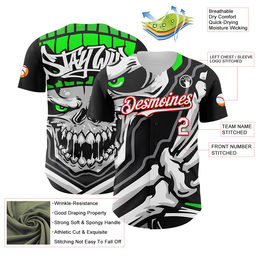 Custom Black White-Red 3D Pattern Design Burner Costumes Skull Authentic Baseball Jersey