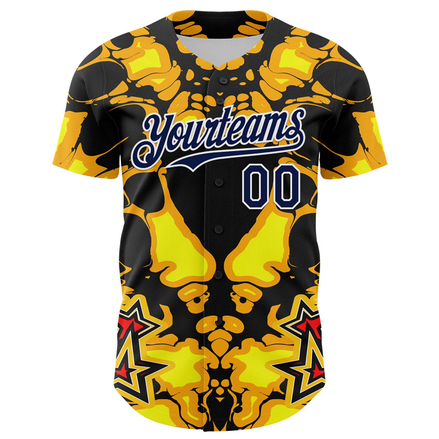 Custom Black Navy Yellow-White 3D Pattern Design Burner Costumes Flame Authentic Baseball Jersey